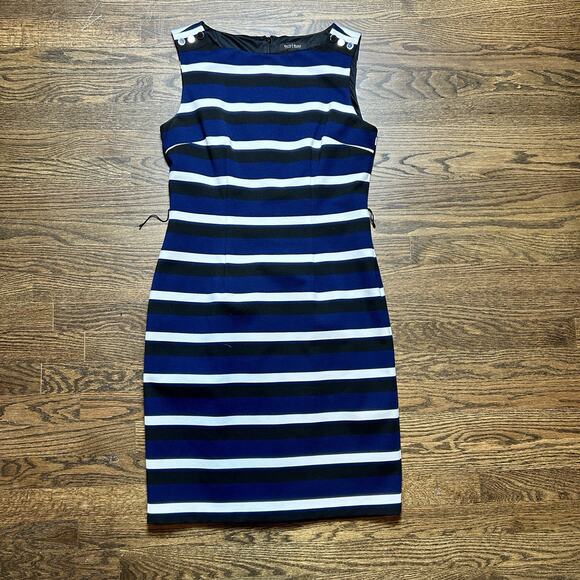White House Black Market Dress Womens 10 Blue Black Striped Sheath Sleeveless - Picture 1 of 12